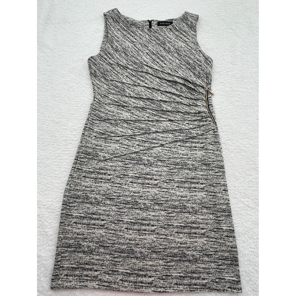 Ivanka Trump Womens Black White Marled Sheath Dress Gold Side Zip Sz 16 Ruched